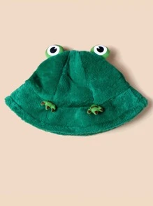 件女式可愛青蛙形厚毛絨漁夫帽，卡通設計，溫暖多功能漁夫帽 - 綠色 - 查看 3