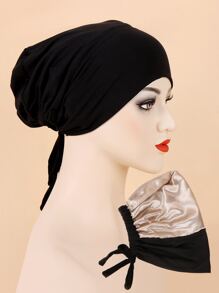 1pc Women Fashion Best Solid Drawstring Detail Head Wrap Bonnet Hair Bonnet Turban - Black - View 1