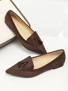 Tassel Decor Faux Suede Point Toe Flat Loafers - Coffee Brown - View 1