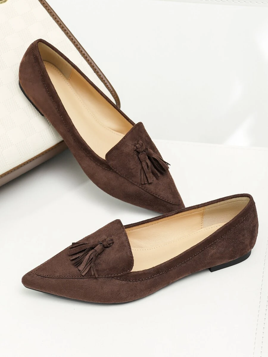 Tassel Decor Faux Suede Point Toe Flat Loafers - Coffee Brown - View 1