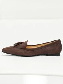 Tassel Decor Faux Suede Point Toe Flat Loafers - Coffee Brown - View 3