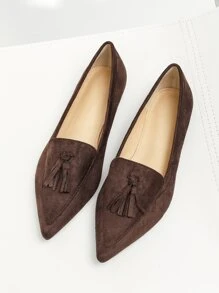 Tassel Decor Faux Suede Point Toe Flat Loafers - Coffee Brown - View 4