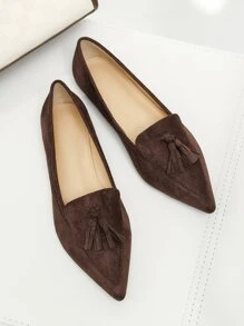 Tassel Decor Faux Suede Point Toe Flat Loafers - Coffee Brown - View 5