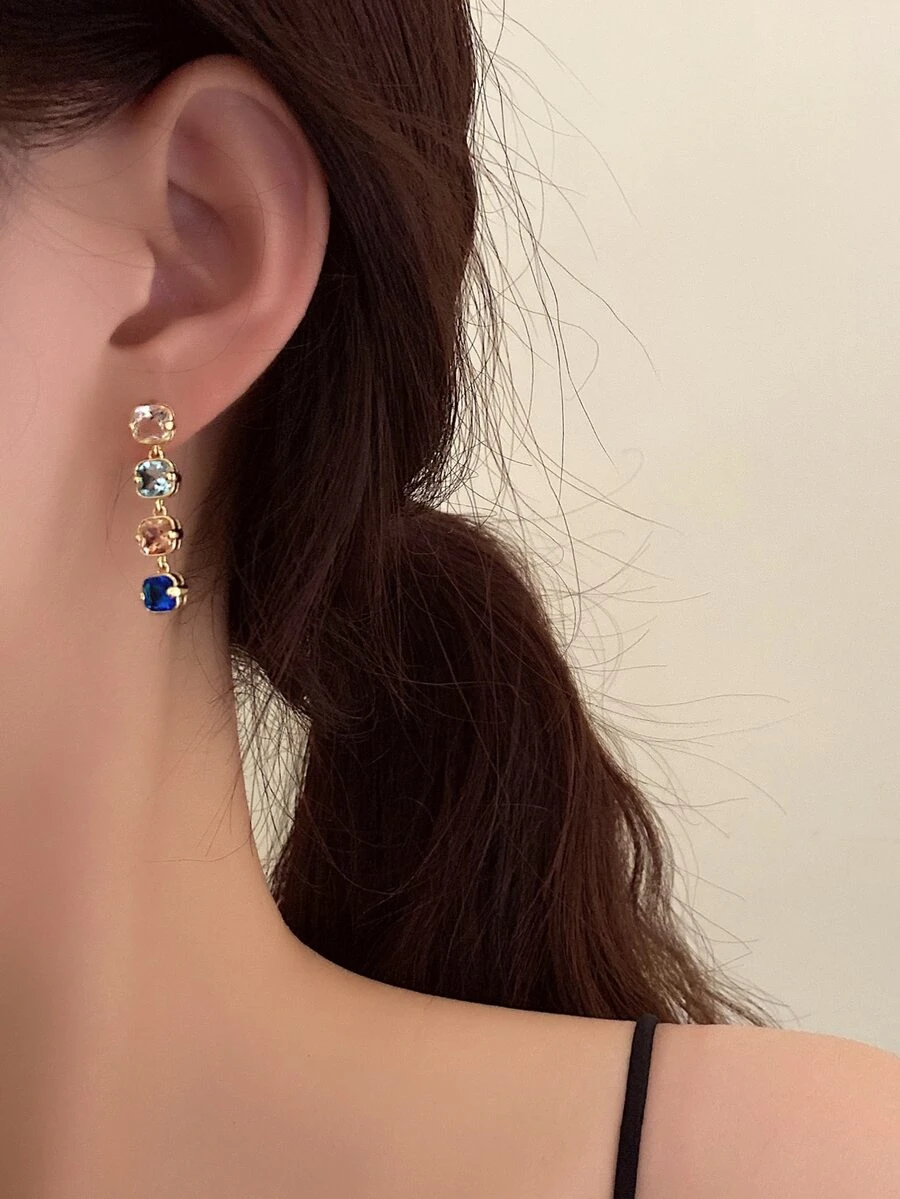 Pendientes largos con diamante de imitación cuadrado - Multicolor - Ver 1