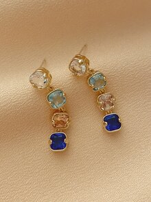 Pendientes largos con diamante de imitación cuadrado - Multicolor - Ver 2