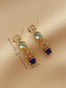 Pendientes largos con diamante de imitación cuadrado - Multicolor - Ver 4