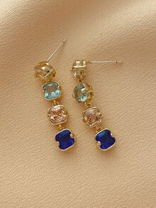 Pendientes largos con diamante de imitación cuadrado - Multicolor - Ver 5