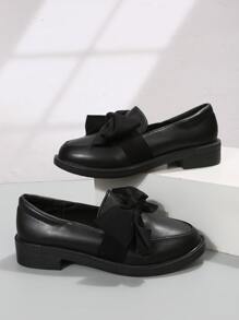 蝴蝶結裝飾款平底便鞋,女士春秋季時尚的黑色哑光小皮鞋,可愛的蝴蝶結,適合工作、購物和學生,舒適的一腳穿平底鞋 - 黑色 - 查看 4