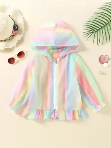 Toddler Girls Rainbow Striped Ruffle Hem Zip Up Hooded Kimono - Multicolor - View 1
