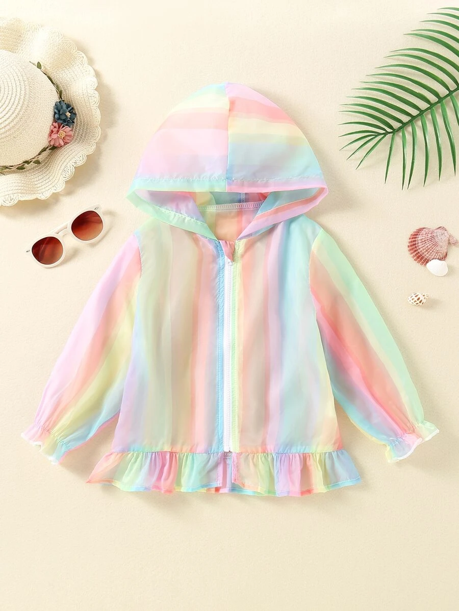 Toddler Girls Rainbow Striped Ruffle Hem Zip Up Hooded Kimono - Multicolor - View 1