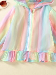 Toddler Girls Rainbow Striped Ruffle Hem Zip Up Hooded Kimono - Multicolor - View 4