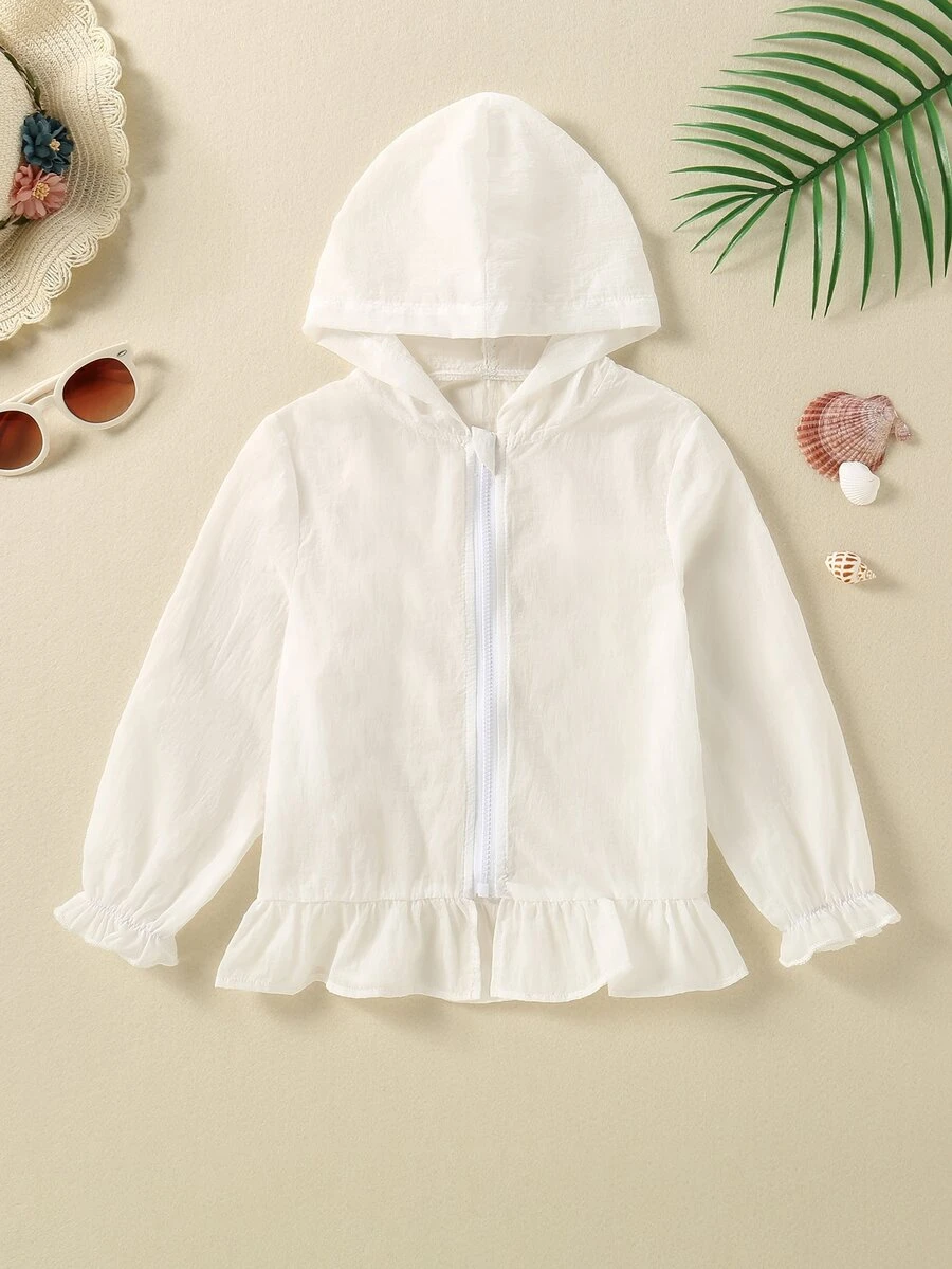 Toddler Girls Ruffle Hem Flounce Sleeve Hooded Zipper Front Kimono - White - View 1