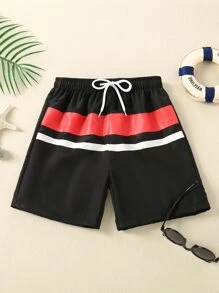 Niñito Shorts de natación de color combinado de cintura con cordón - Negro - Ver 1
