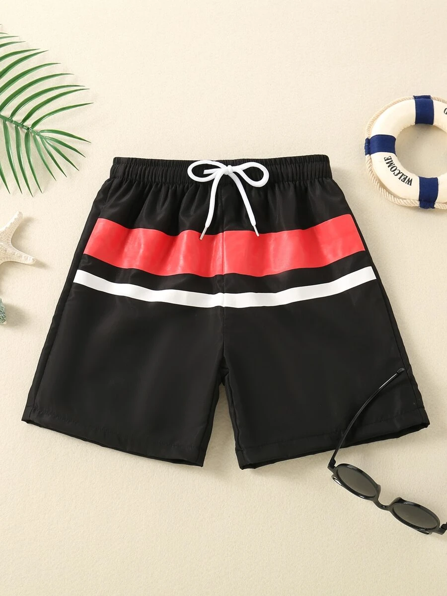 Niñito Shorts de natación de color combinado de cintura con cordón - Negro - Ver 1