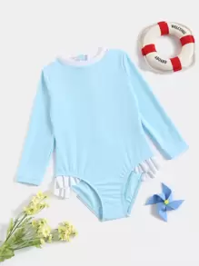 Baby Ruffle Trim Zipper Back One Piece Swimsuit - Baby Blue - View 1