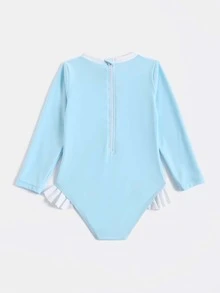 Baby Ruffle Trim Zipper Back One Piece Swimsuit - Baby Blue - View 2
