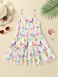 SHEIN Young Girl Butterfly Print Ruffle Hem Cover Up Dress - White - View 1