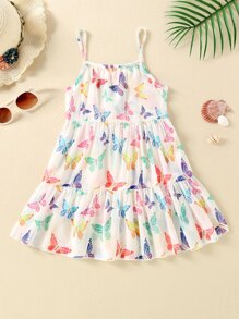 SHEIN Young Girl Butterfly Print Ruffle Hem Cover Up Dress - White - View 2