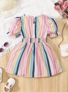 Toddler Girls Colourful Striped Puff Sleeve Bow Front Dress - Multicolor - View 2
