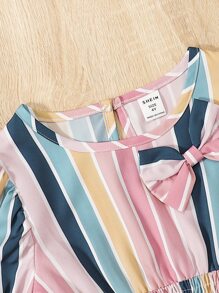 Toddler Girls Colourful Striped Puff Sleeve Bow Front Dress - Multicolor - View 5
