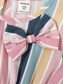 Toddler Girls Colourful Striped Puff Sleeve Bow Front Dress - Multicolor - View 6