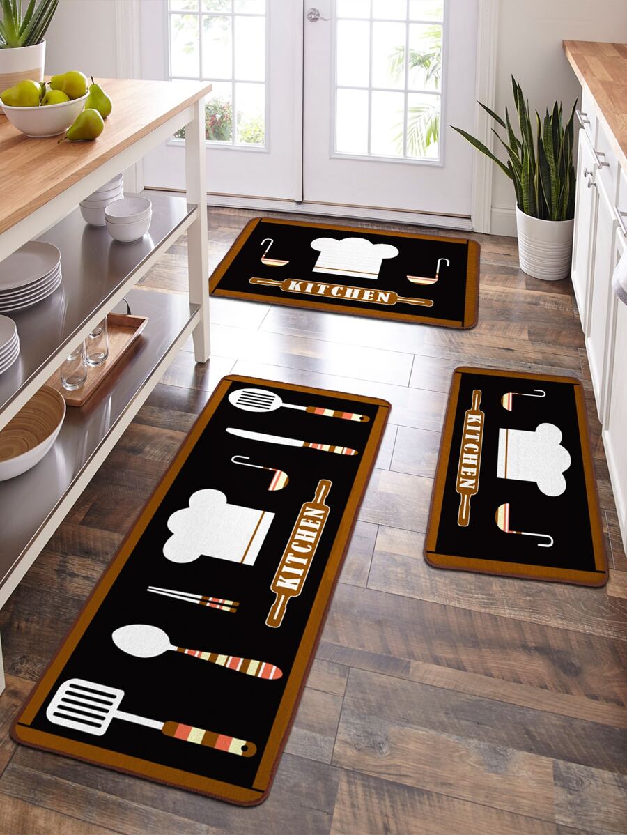1pc Tableware & Letter Graphic Kitchen Rug - Multicolor - View 1