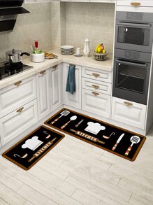 1pc Tableware & Letter Graphic Kitchen Rug - Multicolor - View 2