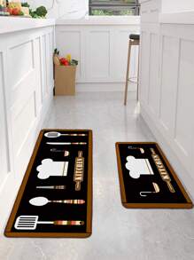 1pc Tableware & Letter Graphic Kitchen Rug - Multicolor - View 5