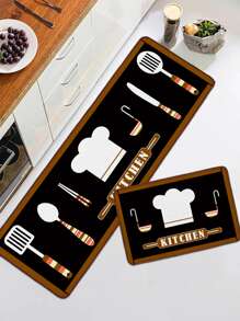 1pc Tableware & Letter Graphic Kitchen Rug - Multicolor - View 6