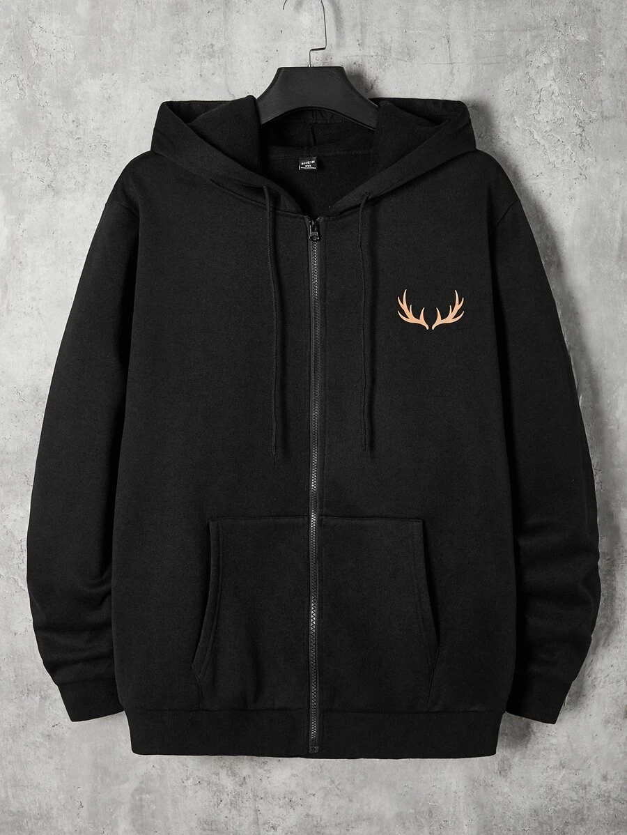 Manfinity Men Plus Antler Print Zip Up Drawstring Thermal Lined Hoodie - Black - View 1
