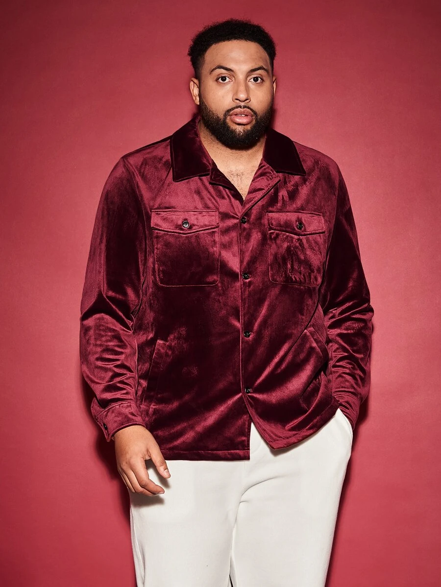 Manfinity Men Plus Flap Pocket Lapel Neck Jacket - Burgundy - View 1