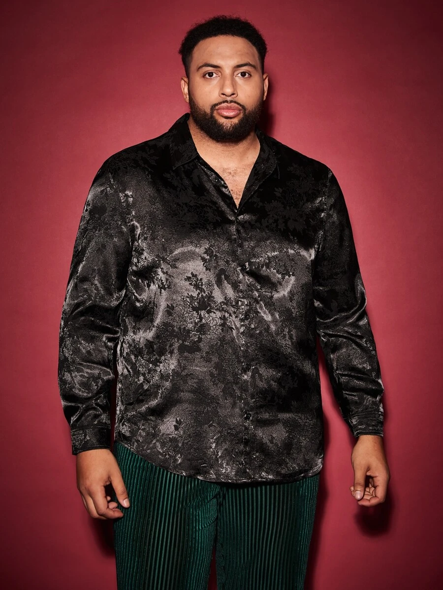 Manfinity Men Plus Floral Jacquard Shirt - Black - View 1