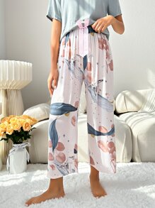 Plant Print Bow Front Sleep Trousers - White - View 3