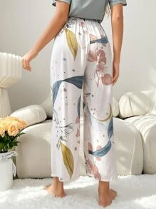 Plant Print Bow Front Sleep Trousers - White - View 2
