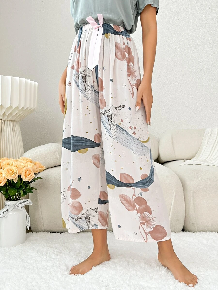 Plant Print Bow Front Sleep Trousers - White - View 1