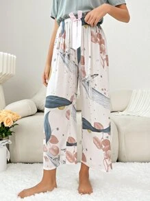 Plant Print Bow Front Sleep Trousers - White - View 5