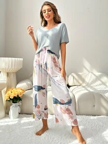 Plant Print Bow Front Sleep Trousers - White - View 4