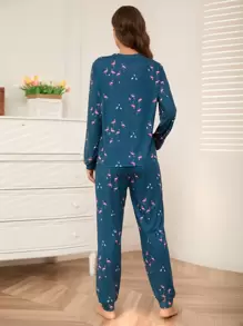 Flamingo Print PJ Set / Pajama Set - Teal Blue - View 2