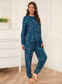 Flamingo Print PJ Set / Pajama Set - Teal Blue - View 3