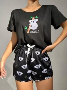 Koala & Letter Graphic Bow Front PJ Set - Black - View 1