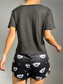 Koala & Letter Graphic Bow Front PJ Set - Black - View 2