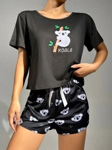 Koala & Letter Graphic Bow Front PJ Set - Black - View 3