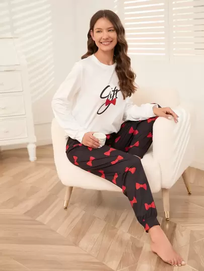 Bow And Letter Graphic PJ Set / Pajama Set, Fall Clothes
