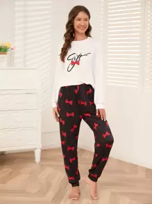 Bow And Letter Graphic PJ Set / Pajama Set, Fall Clothes - Multicolor - View 3