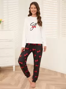 Bow And Letter Graphic PJ Set / Pajama Set, Fall Clothes - Multicolor - View 4