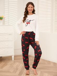 Bow And Letter Graphic PJ Set / Pajama Set, Fall Clothes - Multicolor - View 6