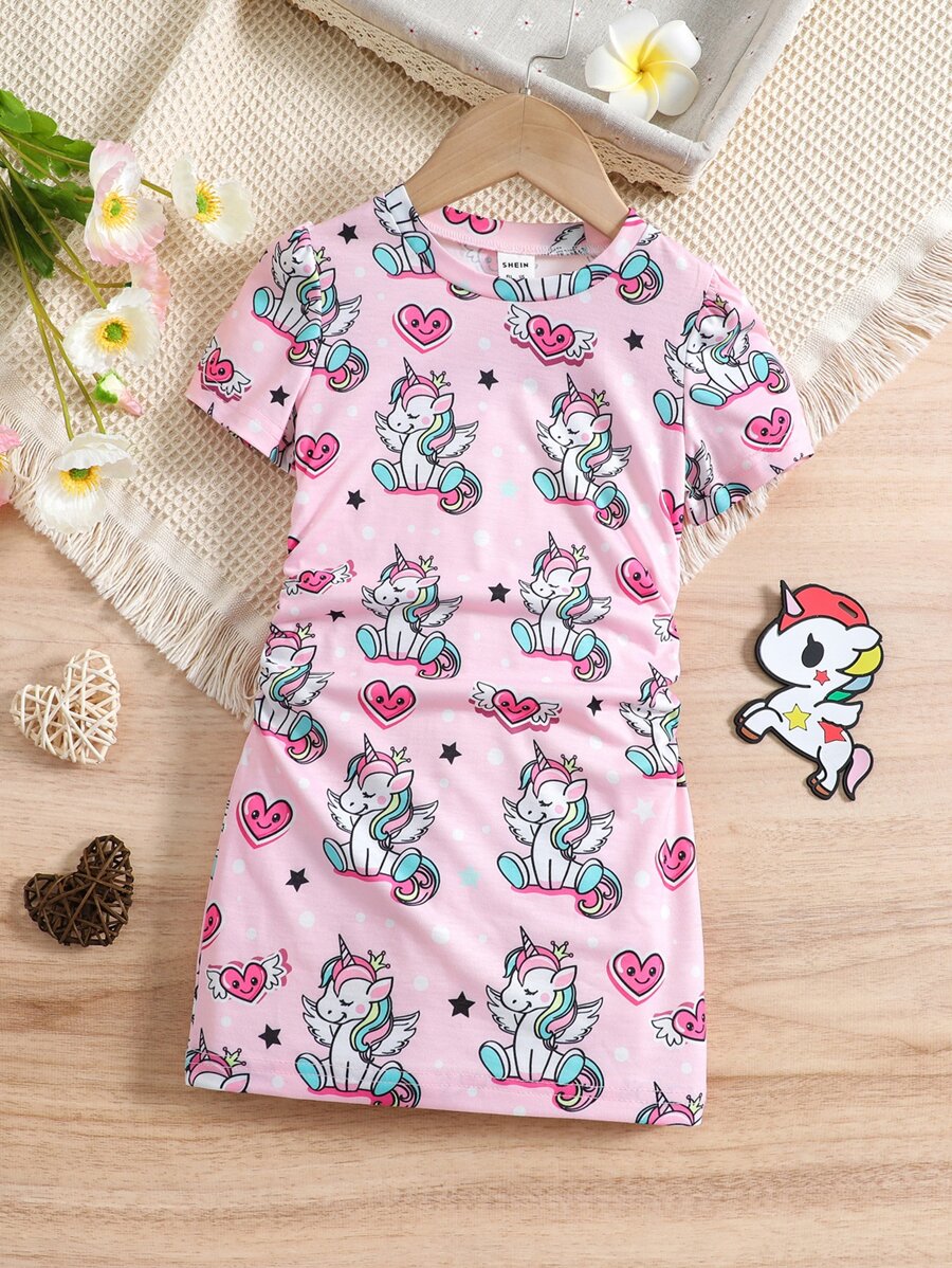 Toddler Girls Unicorn & Heart Print Ruched Side Tee Dress - Pink - View 1