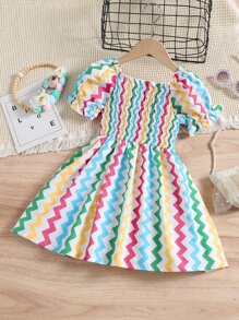 Đầm bé gái Xù Dải chun In chữ V Dễ thương - Nhiều màu - Xem 2