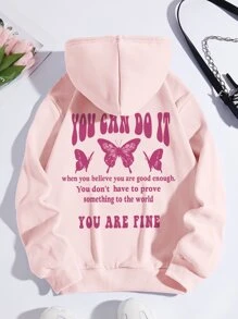 SHEIN EZwear Slogan & Butterfly Print Kangaroo Pocket Drawstring Thermal Hoodie - Baby Pink - View 1