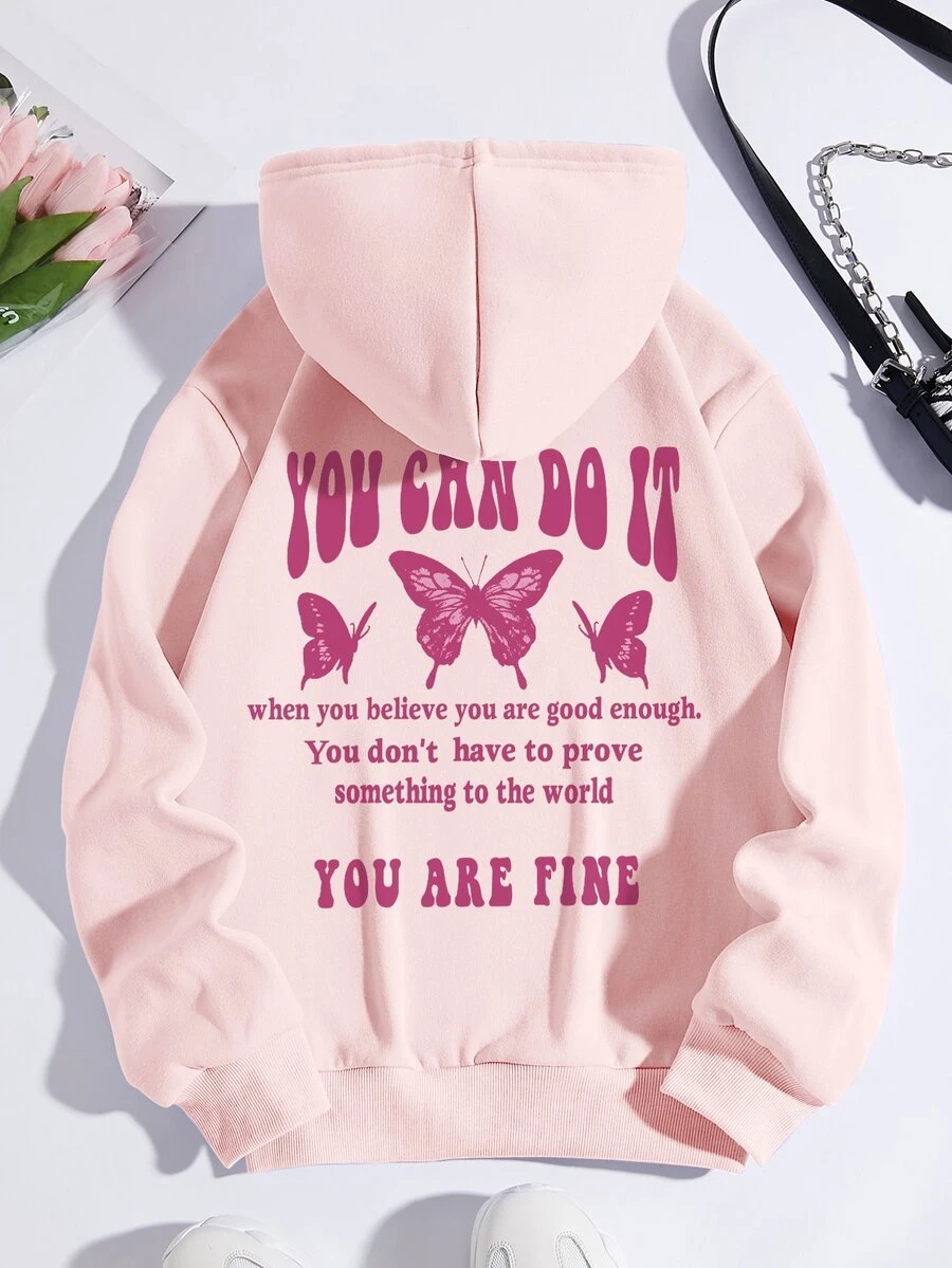 SHEIN EZwear Slogan & Butterfly Print Kangaroo Pocket Drawstring Thermal Hoodie - Baby Pink - View 1